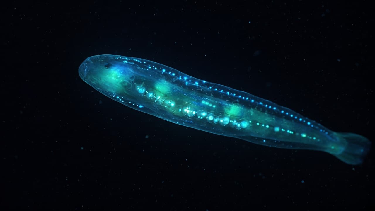 A bioluminescent deep-sea animal glowing blue-green in total darkness