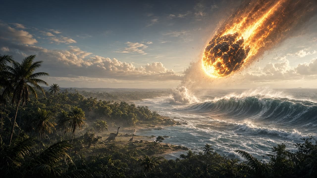 The Chicxulub asteroid fireball descending toward a tropical coastline as a tsunami begins to form