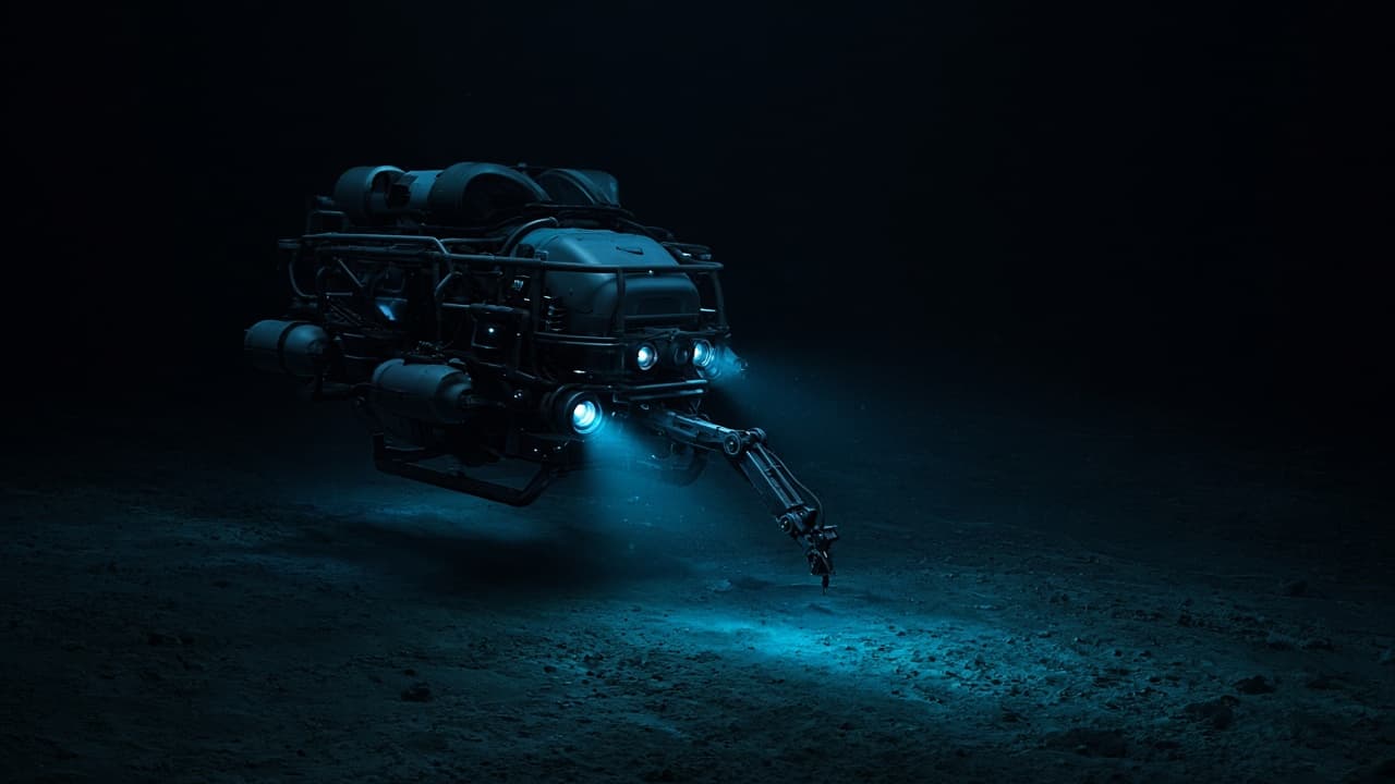 A remotely operated scientific vehicle hovering above a dark abyssal seafloor