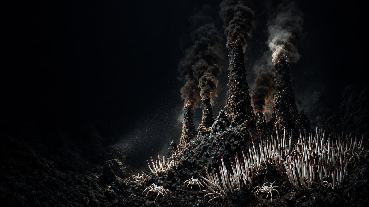 Black smoker hydrothermal vents with tube worms clustered around mineral chimneys