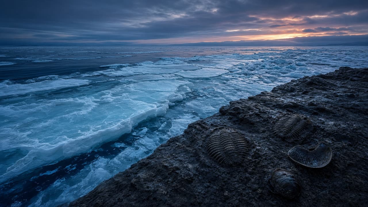 A frozen Ordovician seashore with ice sheets locking a shallow ocean and fossil shells in the rock