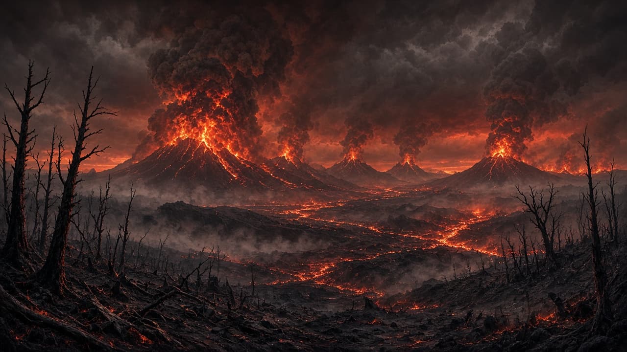 Siberian Traps volcanoes erupting under an ash-filled sky beside a dying forest