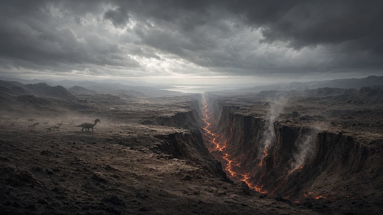 A volcanic rift splitting Pangaea as early dinosaurs stand on a scorched plain