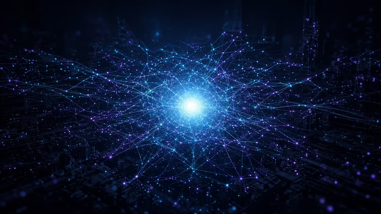 A dense lattice of cyan and violet nodes glowing brighter toward a central intelligence core
