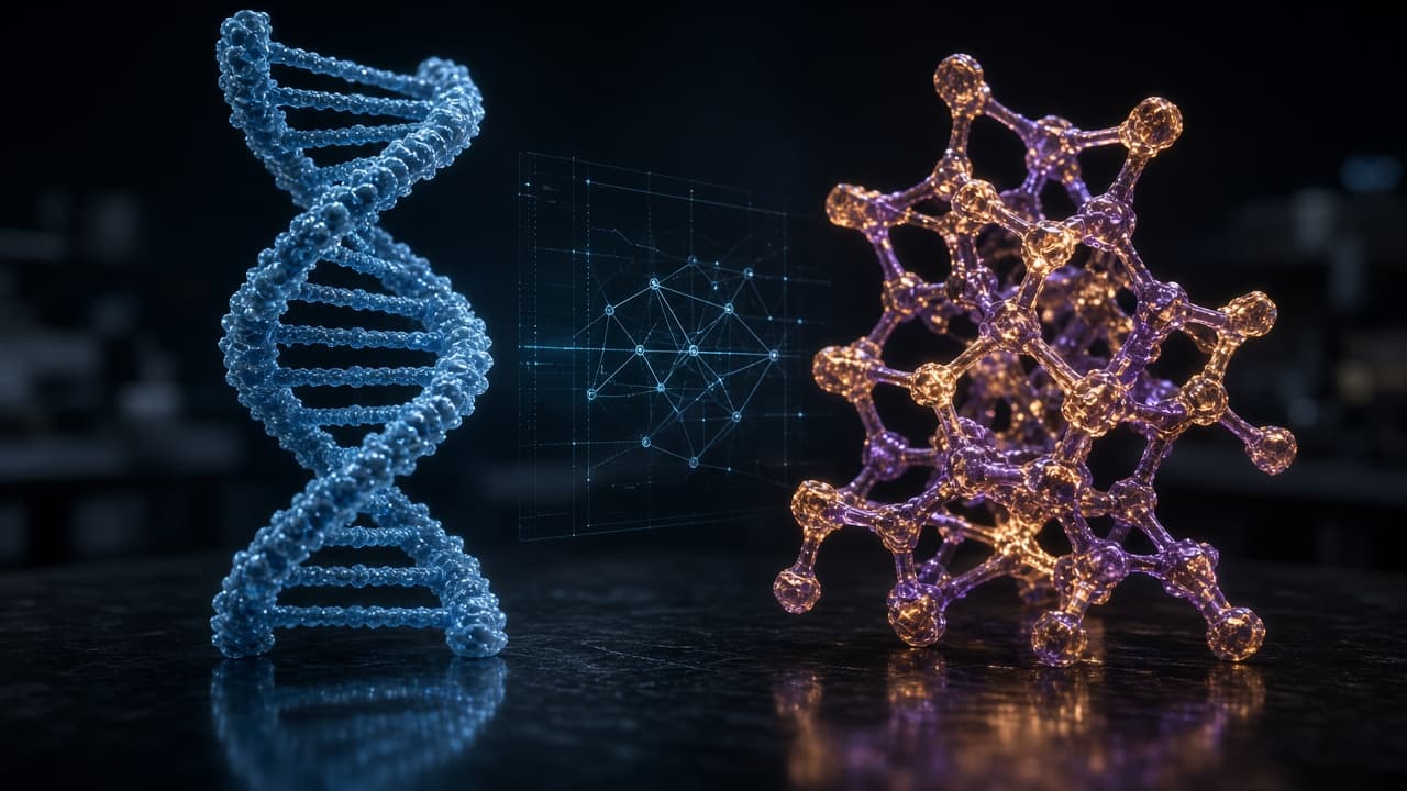 Side-by-side visualization comparing Earth DNA with an unfamiliar alien molecular lattice