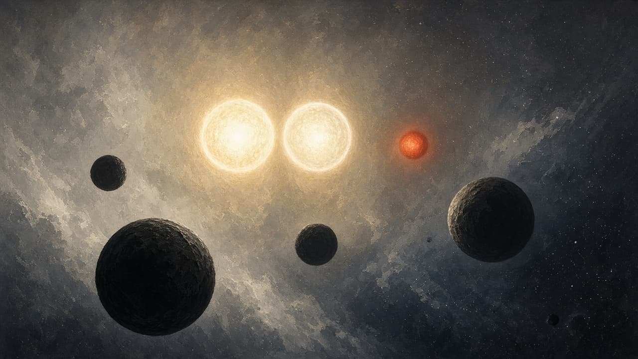 Two bright sun-like stars and a smaller red companion with barren rocky worlds in silhouette