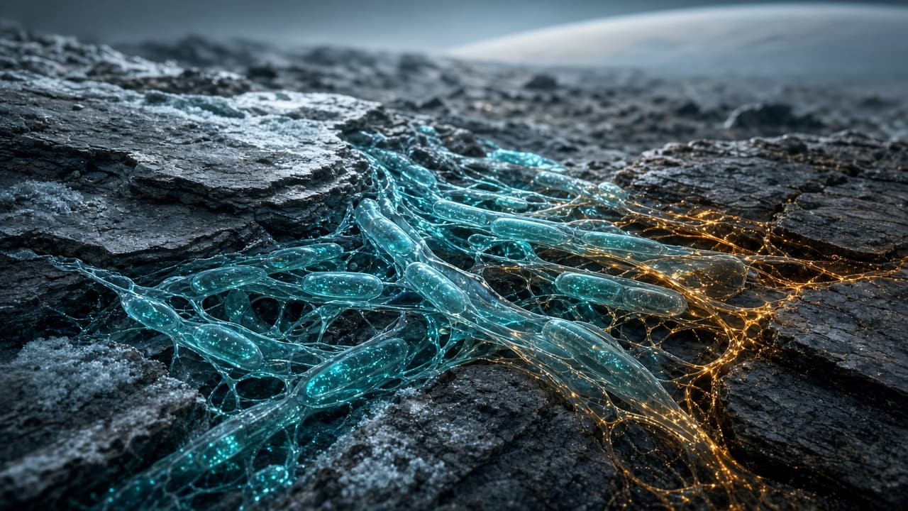 Engineered microorganisms beginning to colonize cracked rock on an alien planet