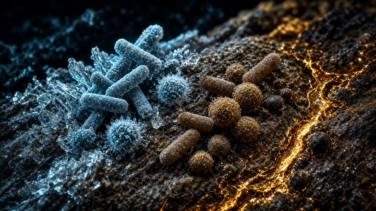 Extremophile microbes clustered on ice and mineral veins under dark-field light