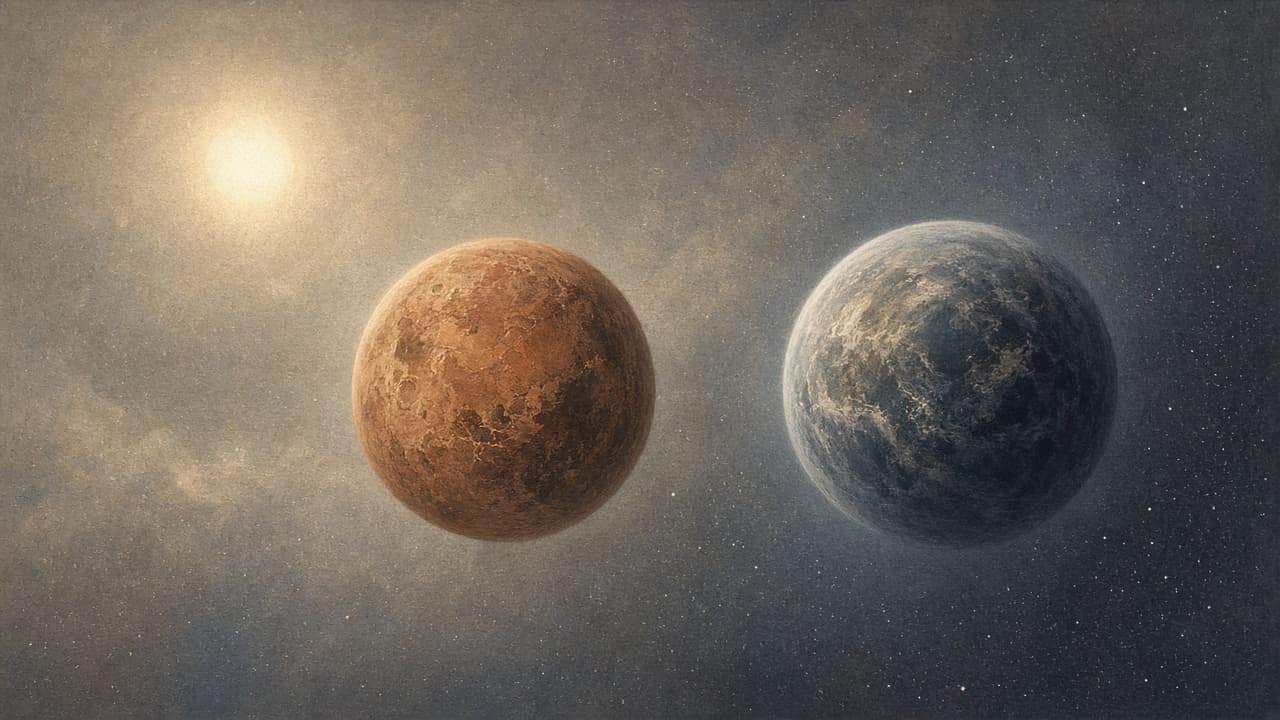 Two planets in a star's habitable zone, one rusty and barren, neither looking Earth-like