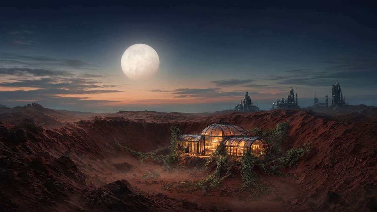 A human-made greenhouse glowing on a barren alien planet at dusk