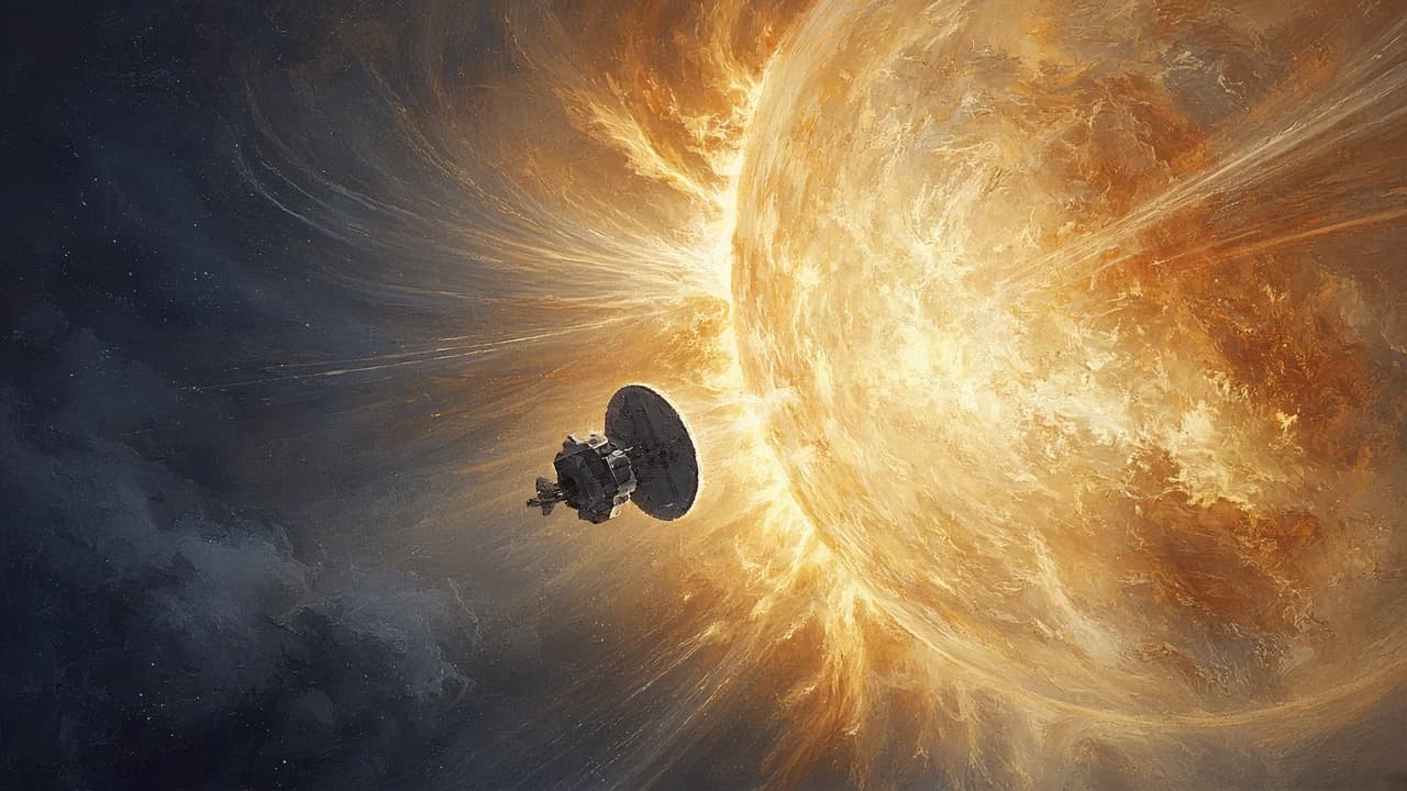 A heat-shielded spacecraft diving close to a brilliant Sun in a stream of solar wind