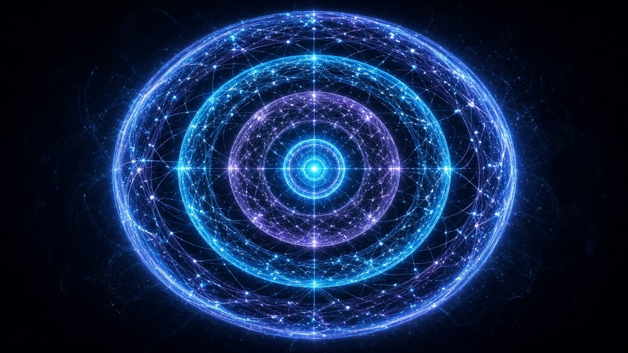 Four successive generations of a glowing neural system, each ring denser and brighter than the last