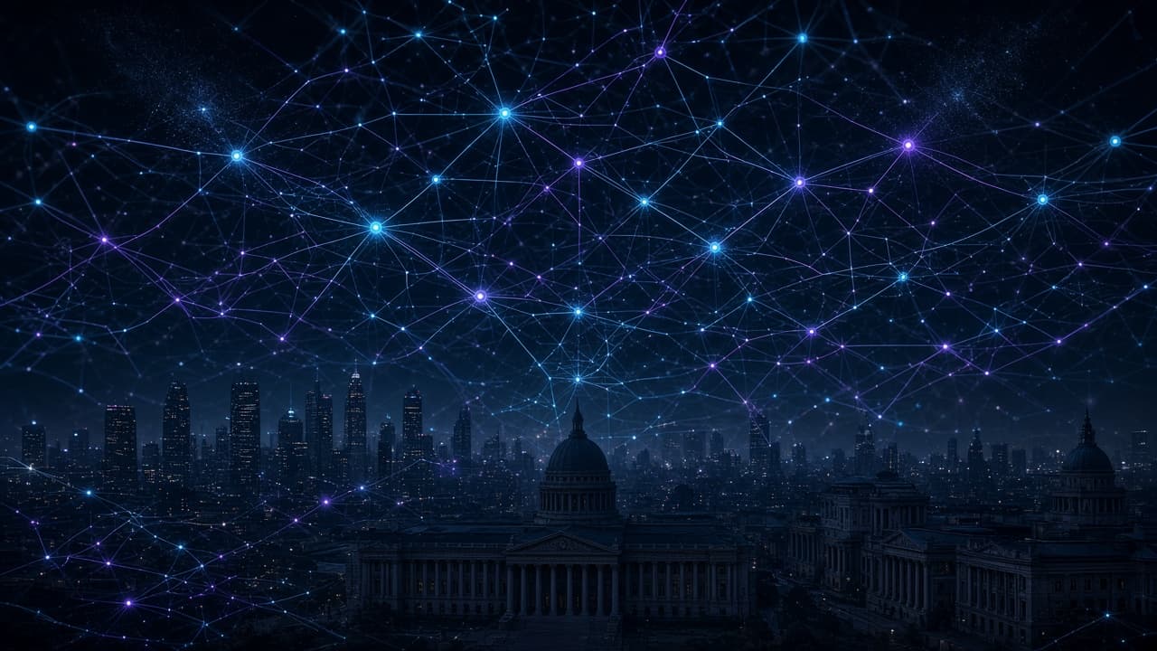 A dark neural lattice of cyan and violet nodes surrounding a human city at night
